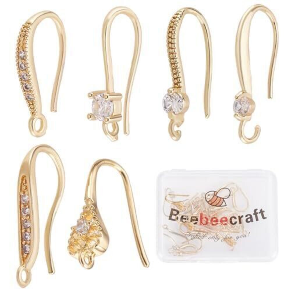 9655 24Pcs 6 Style Cubic Zirconia Earring Hooks 18K Gold Plated Ear Wire